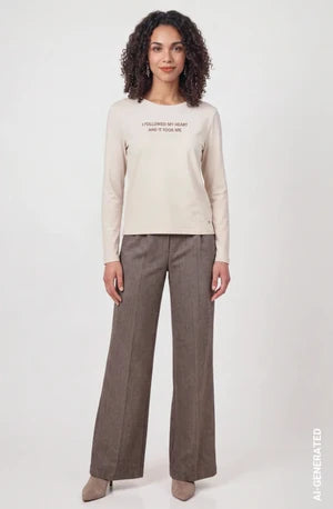 Warm Beige Long Sleeve Top With Rhinestone Lettering