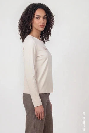 Warm Beige Long Sleeve Top With Rhinestone Lettering