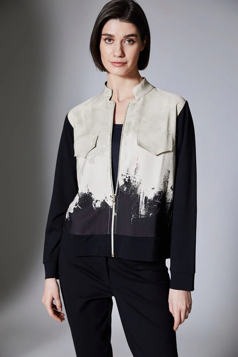 Black & Beige  Print Zip Jacket