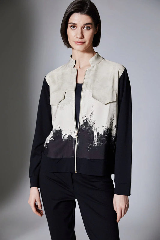Black & Beige  Print Zip Jacket