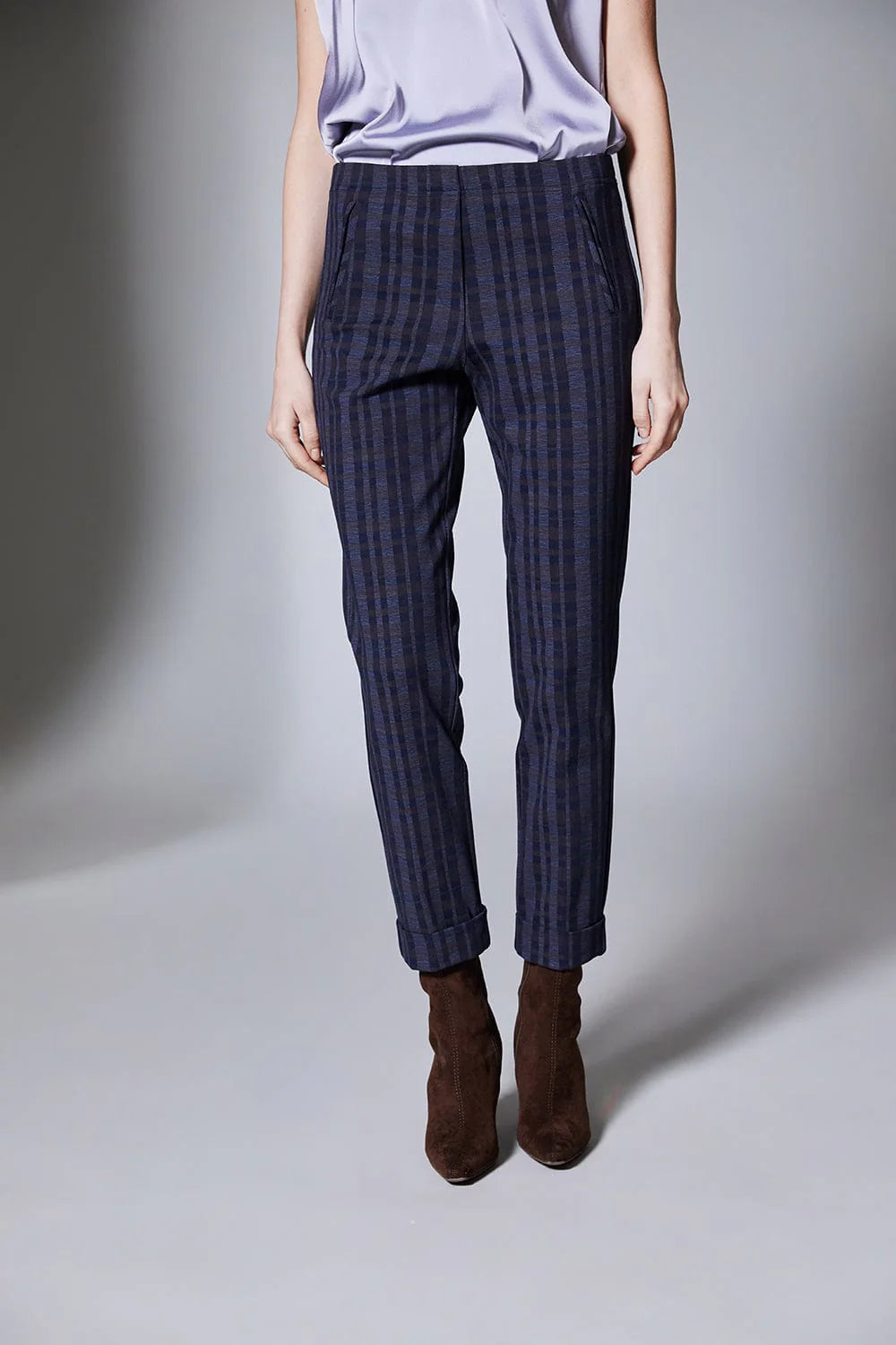Brown & Navy Wide Check Turn Up Trouser