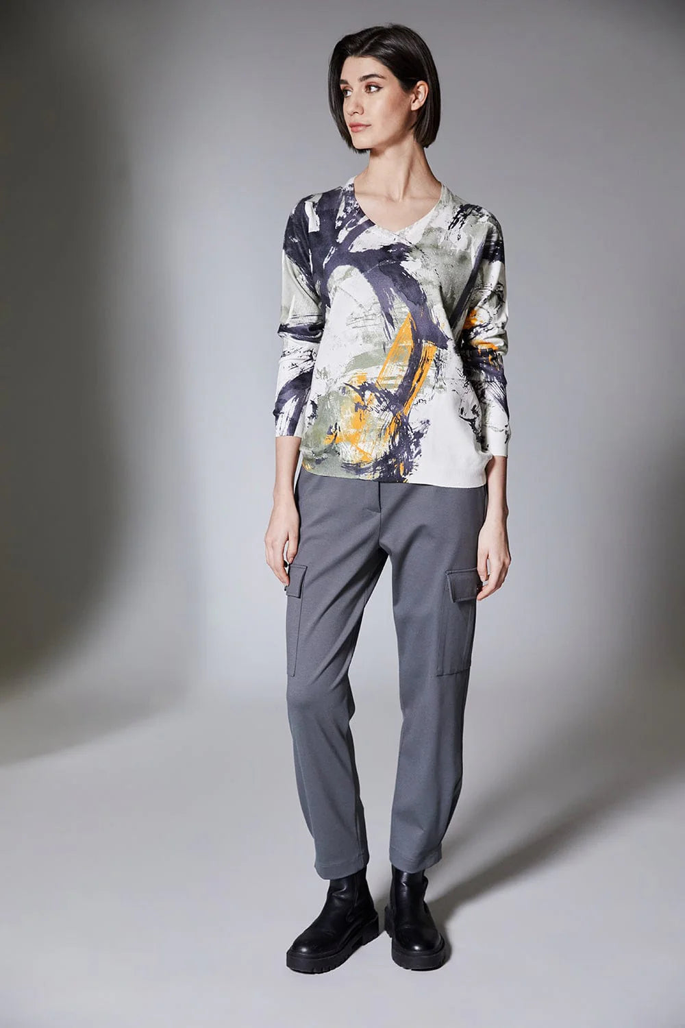 Khaki/Grey And Orange Swirl Print Knit