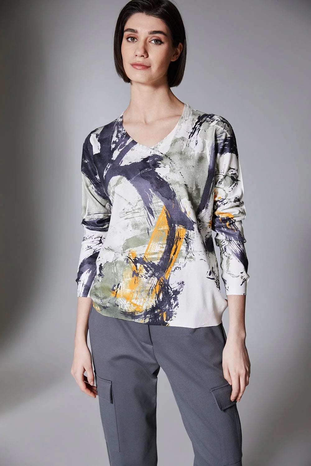 Khaki/Grey And Orange Swirl Print Knit