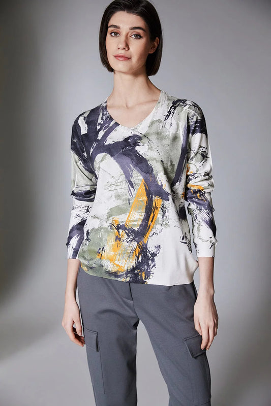 Khaki/Grey And Orange Swirl Print Knit