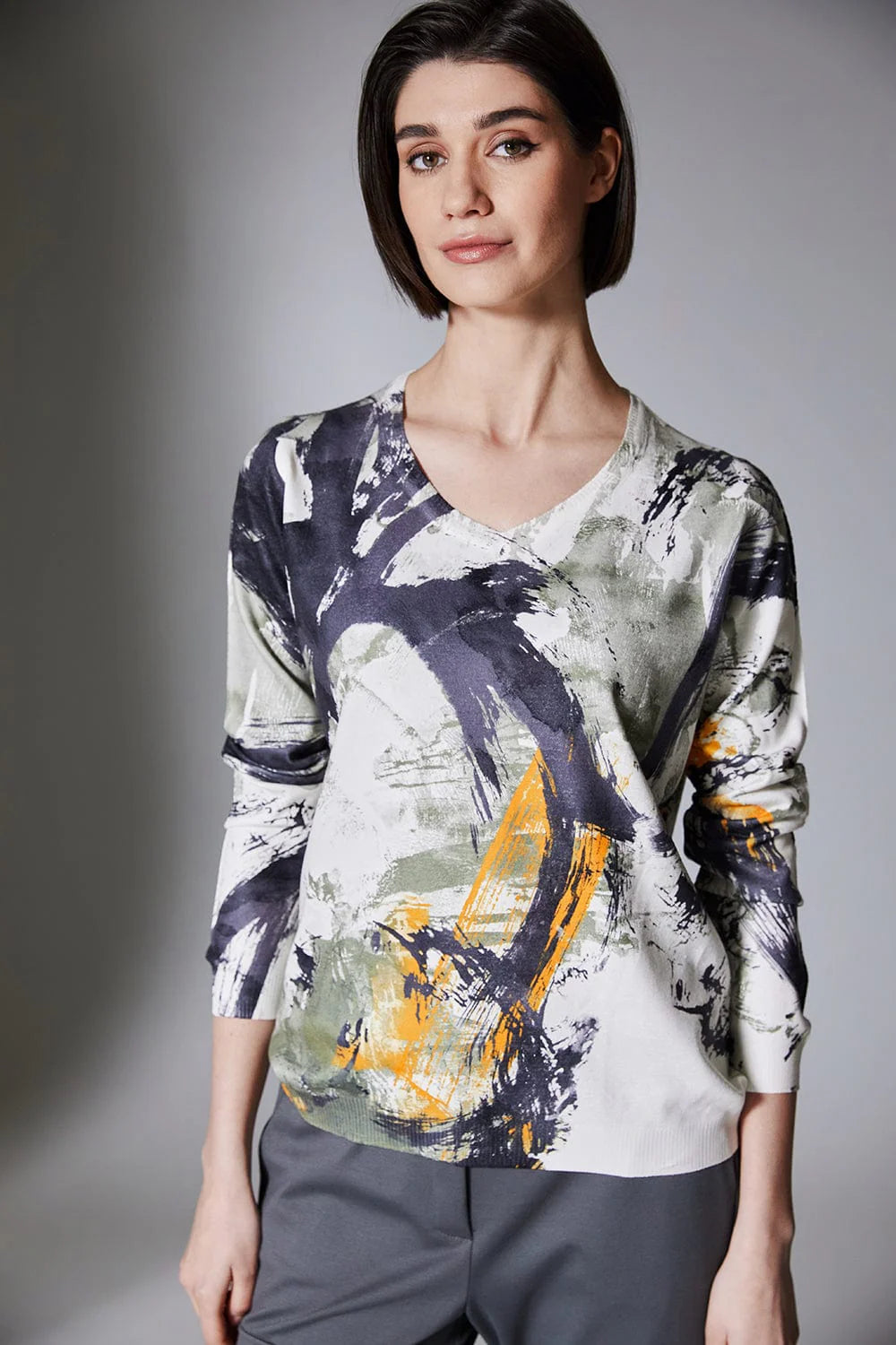 Khaki/Grey And Orange Swirl Print Knit