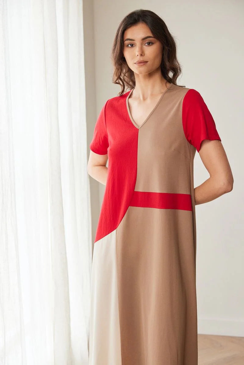 Red And Taupe Colour Block Dress