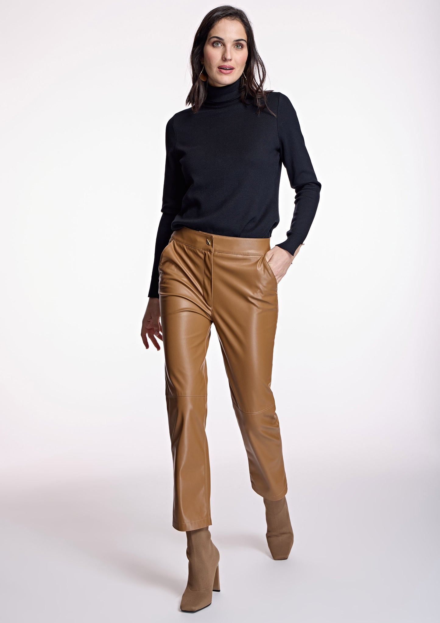 Camel Leather Look Trousers