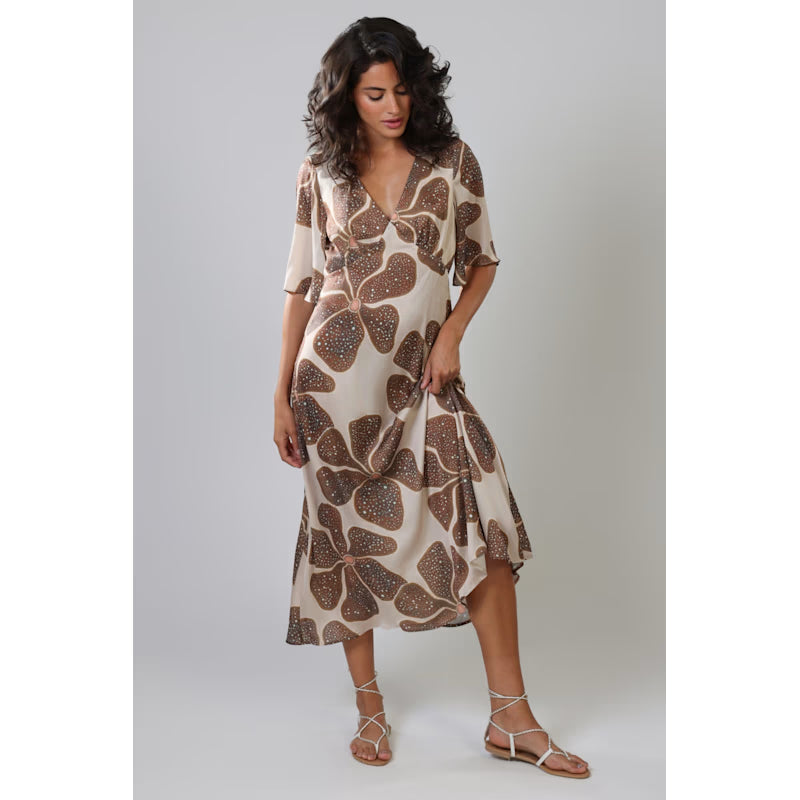Full Bloom Cream And Brown Floral Blythe Midi Dress