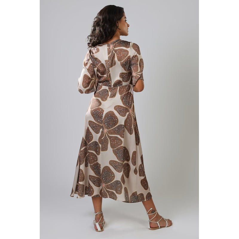 Full Bloom Cream And Brown Floral Blythe Midi Dress