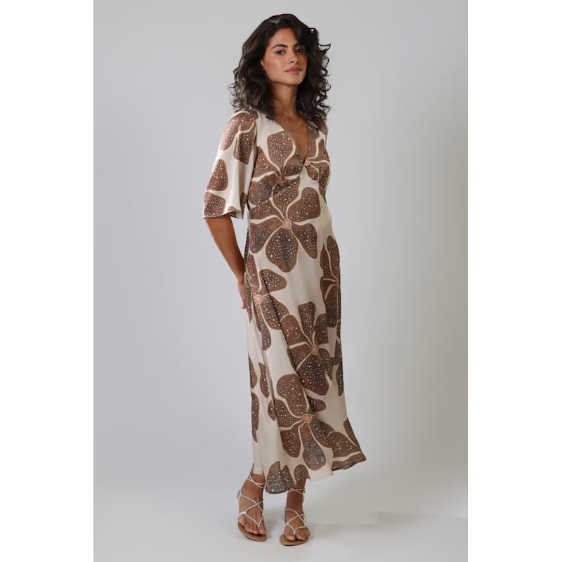 Full Bloom Cream And Brown Floral Blythe Midi Dress