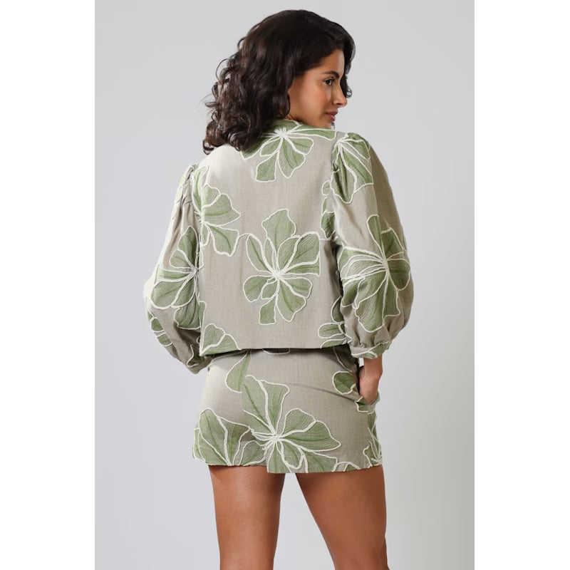 Grace And Maude Green Floral Paddle Linen Jacket