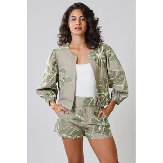 Grace And Maude Green Floral Paddle Linen Jacket