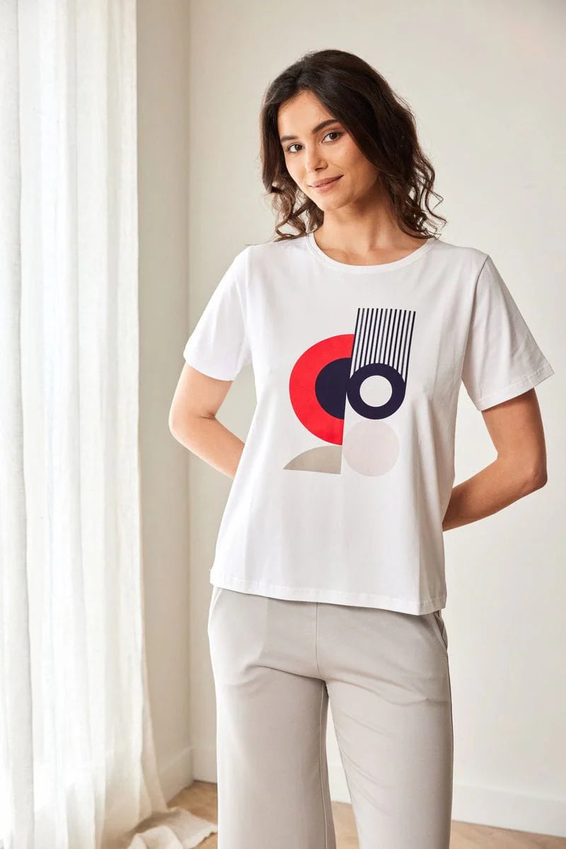 White And Red Circle Print Top