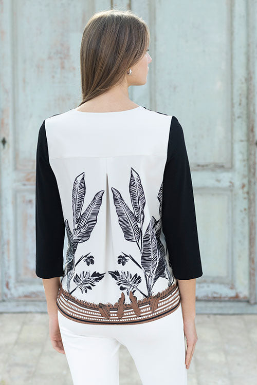 Black Blouse With V-neckline And Leaf Print Back