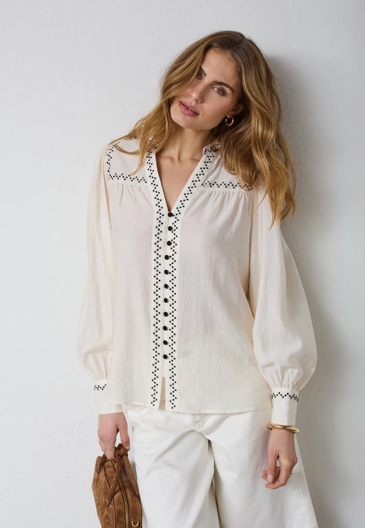 Cream Shirt With Black Stiches Detail