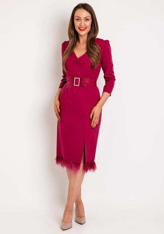 Magenta Midi Dress With Feather Trim