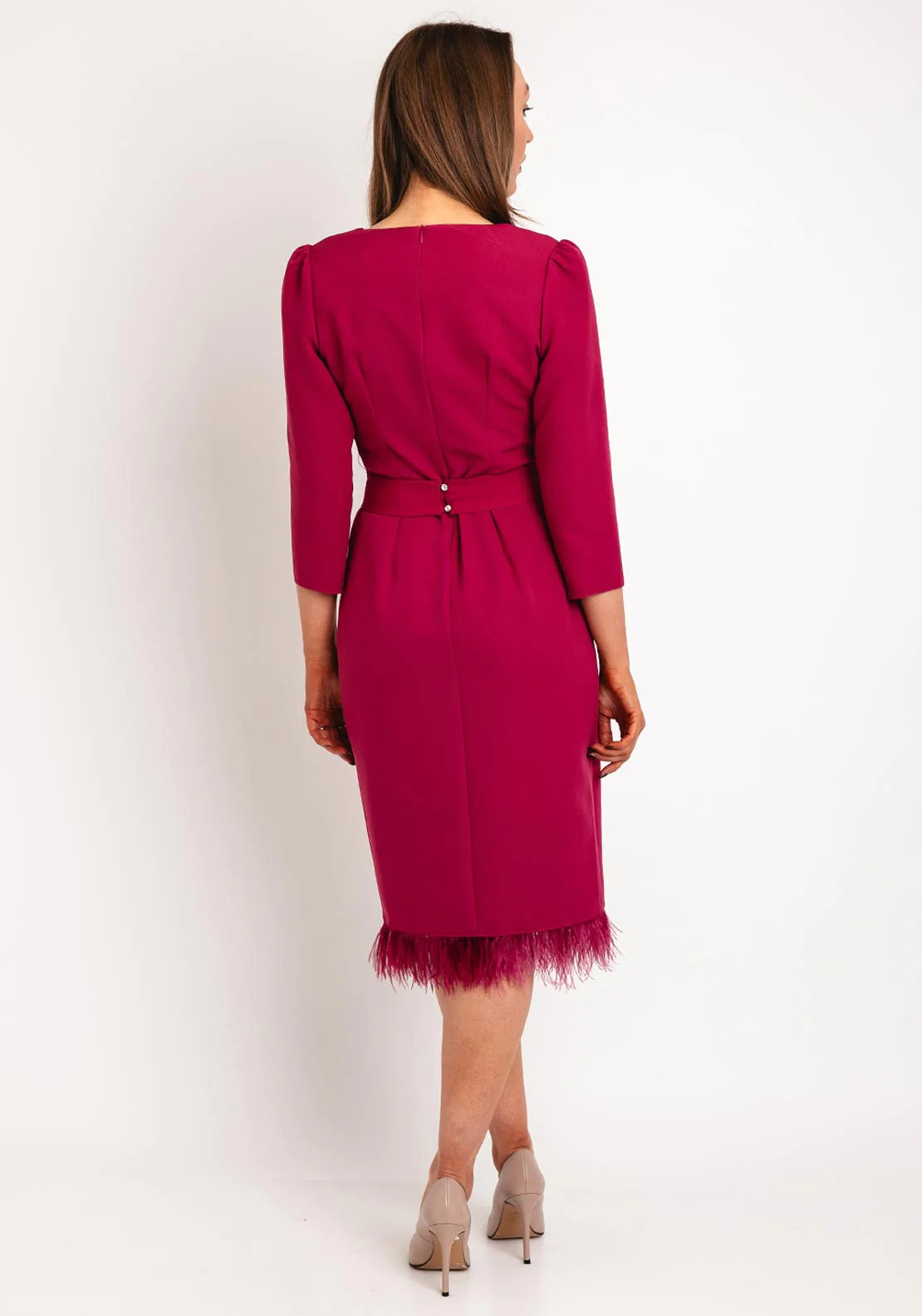 Magenta Midi Dress With Feather Trim