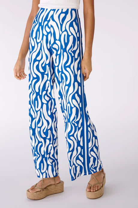 Blue/White Swirl Print Silky Wide Leg Trousers
