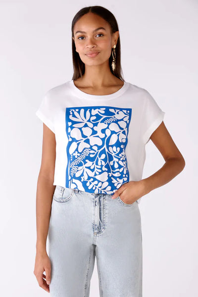 White/Blue Floral Print Picture T-shirt