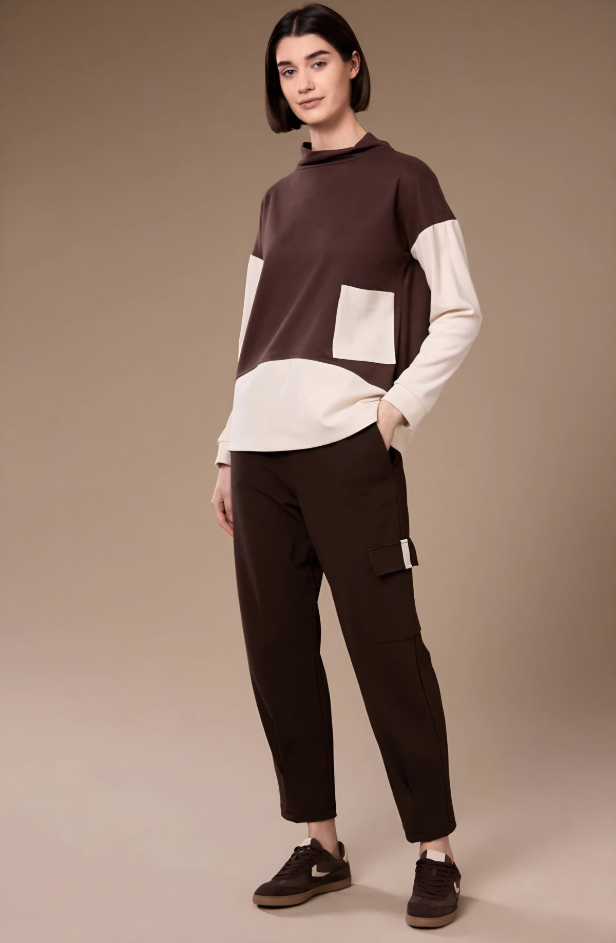 Brown And Ecru Colour Block Top