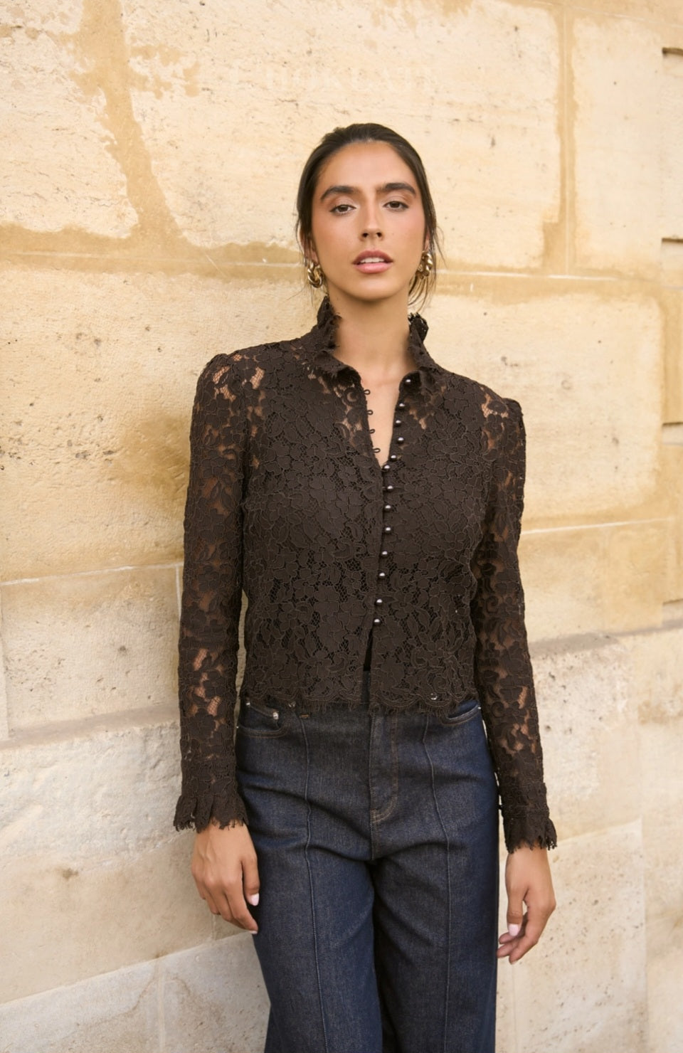 Brown Lace Blouse With Button Detail