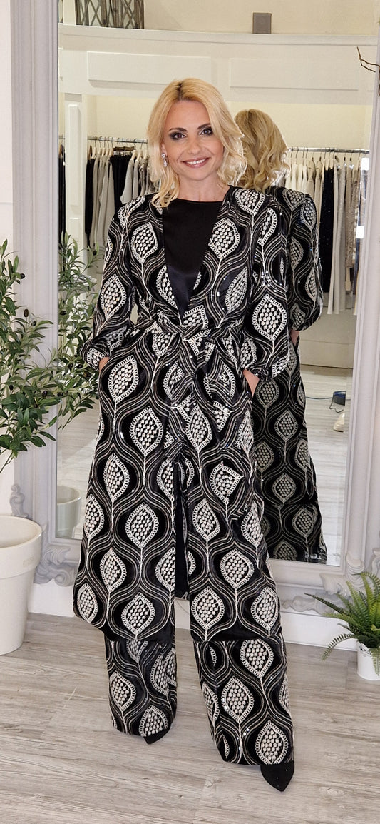 Black And Ivory Sequins Coat