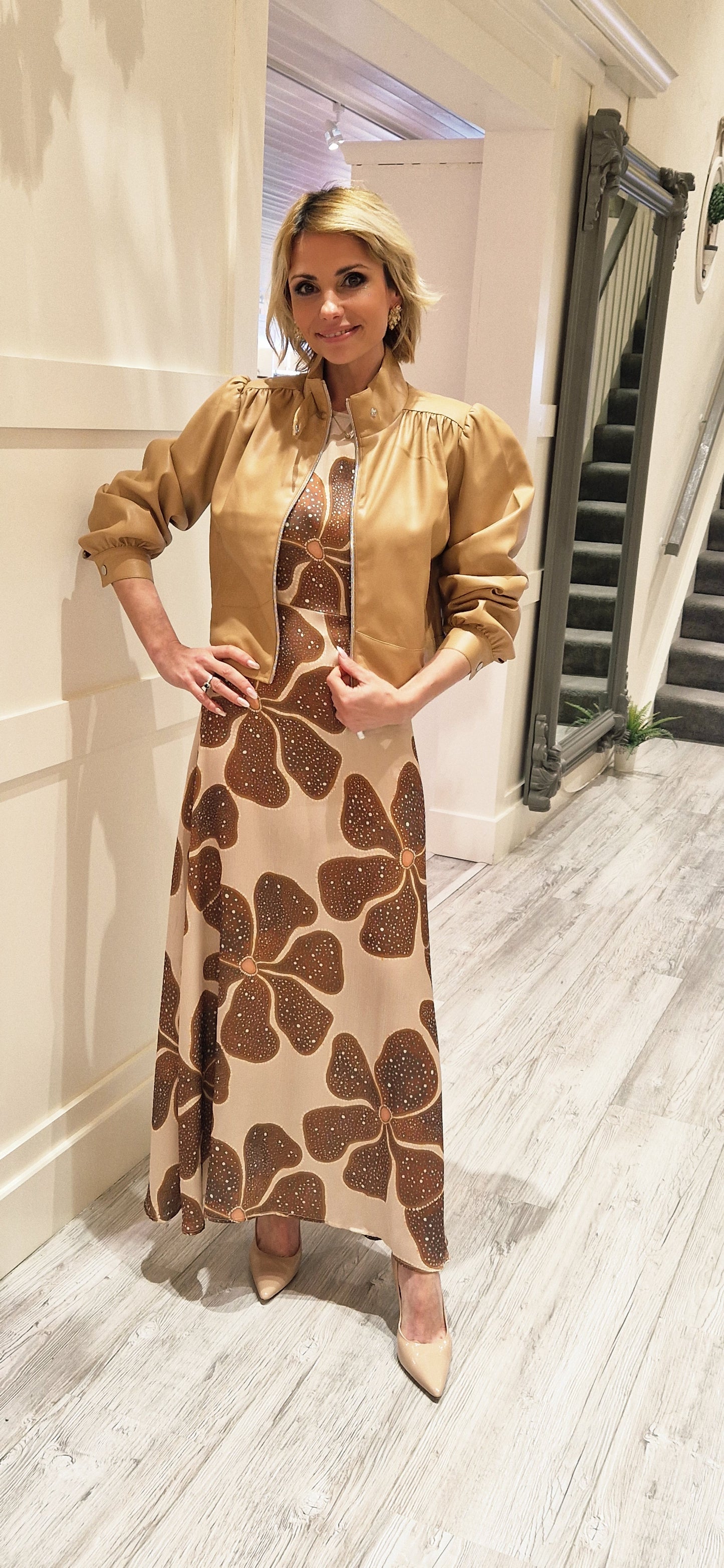 Cream And Brown Floral Dress