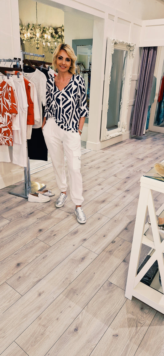 White And Navy Top