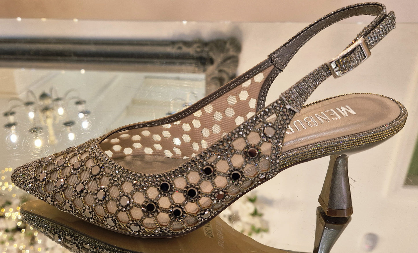 Silver Sling Back Kitten Heel Shoes