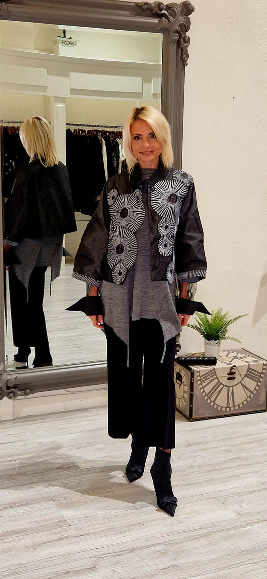 Black And Grey Taffata Crop Jacket