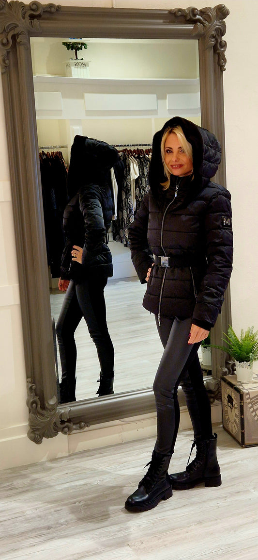 Black Quilted jacket with a waist belt