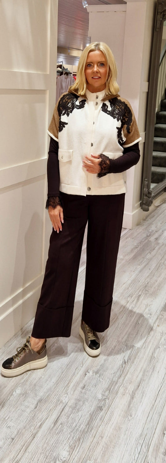 Camel And Cream Knitted Cape With Lace
