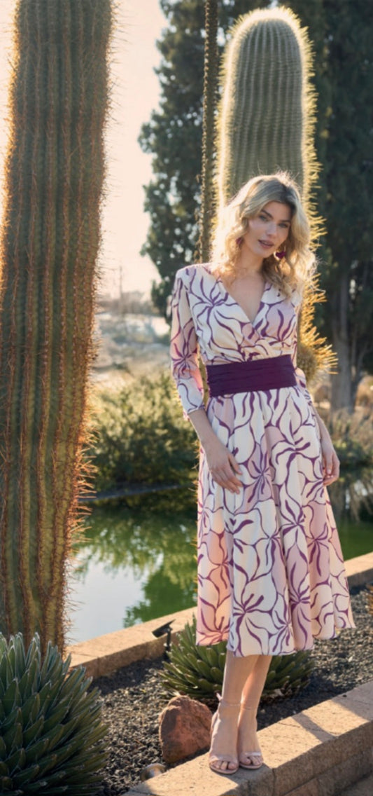 Burgundy/Cream And Blush Floral Dress