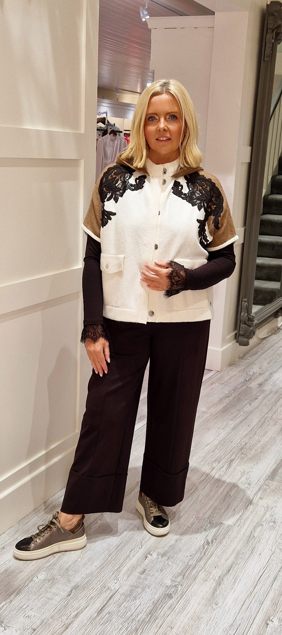 Camel And Cream Knitted Cape With Lace