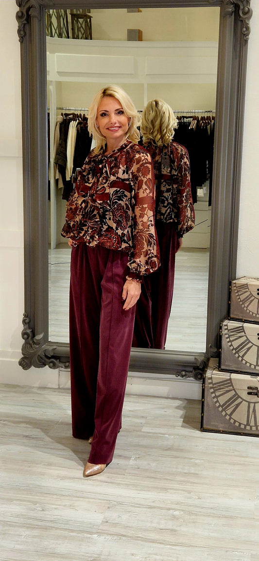 Burgundy Camel And Black Blouse