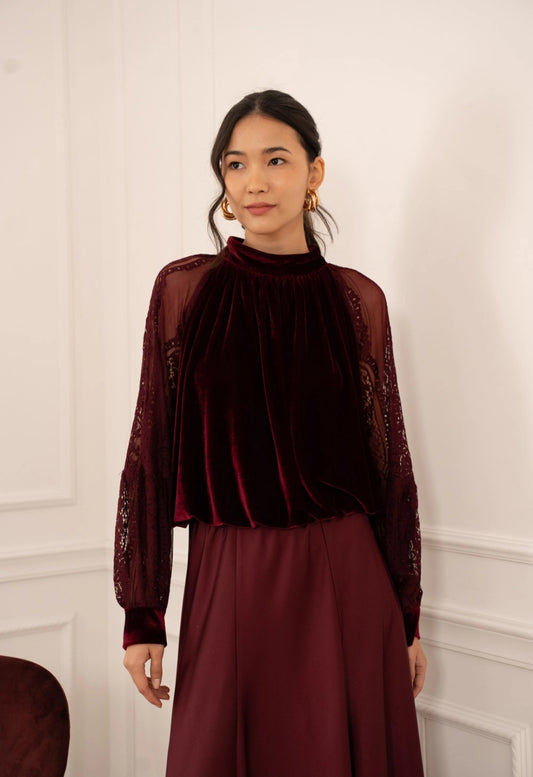 Burgundy Velvet Lace Sleeve Top