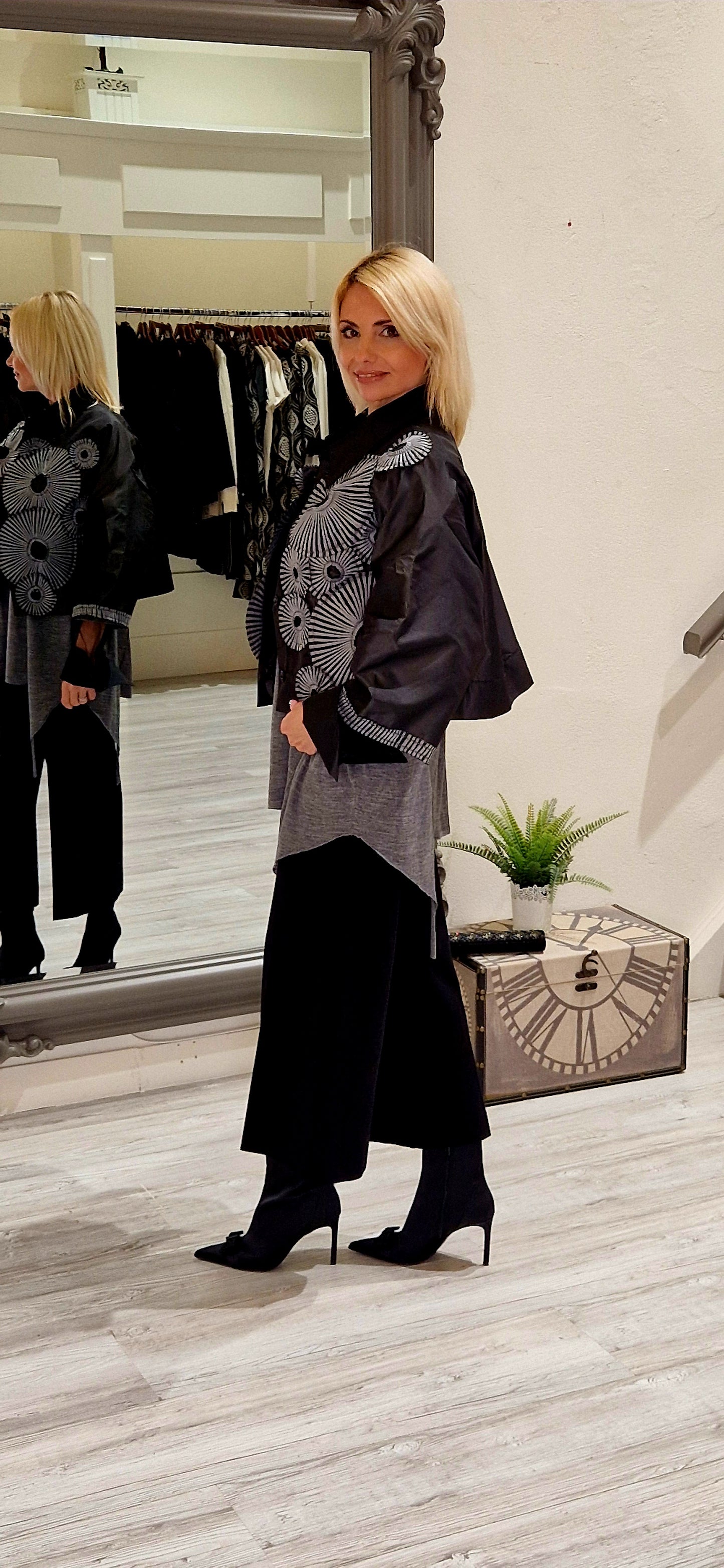 Black And Grey Taffata Crop Jacket