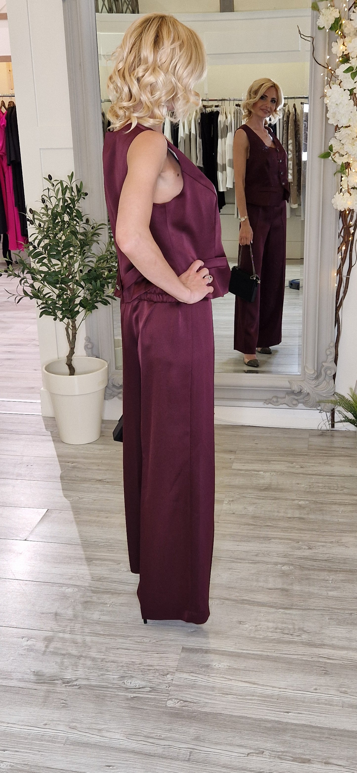 Burgundy Satin Look Waistcoat