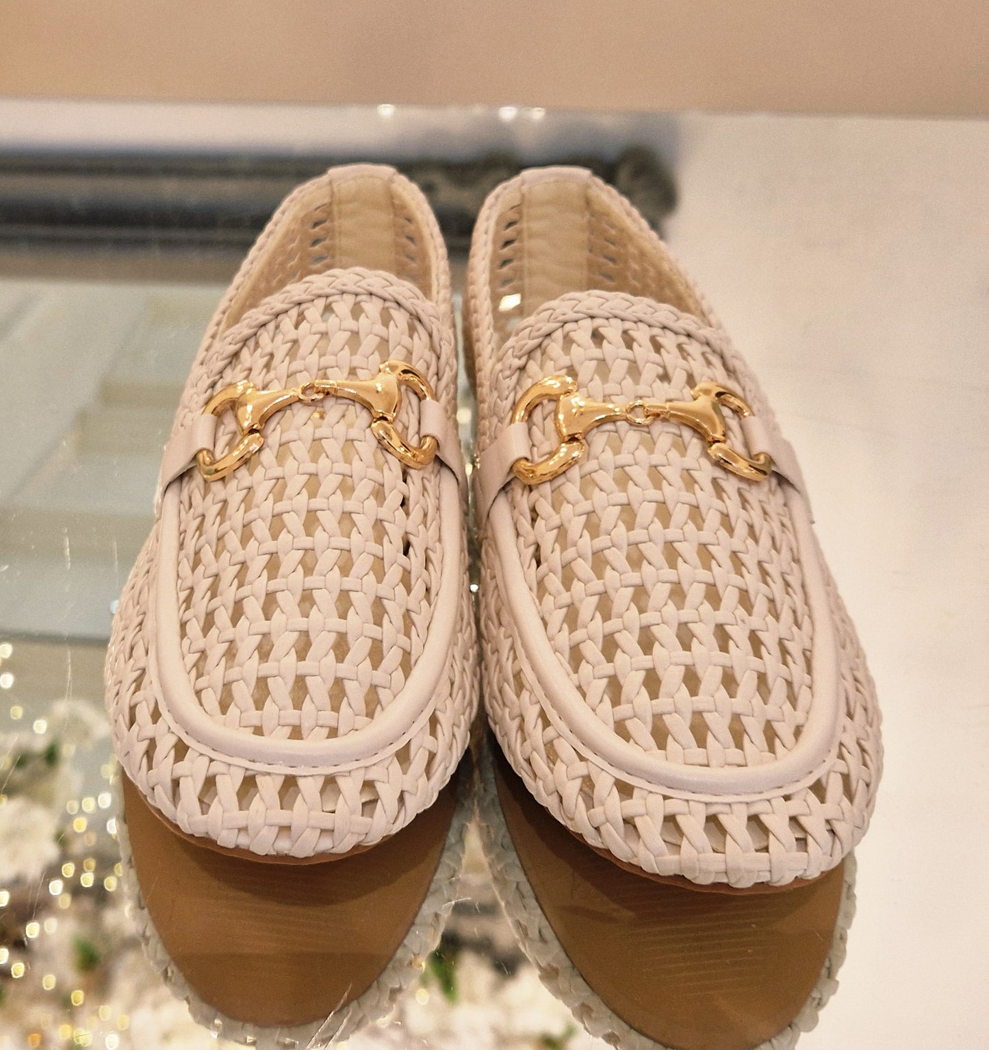 Cream Straw Flat Shoes
