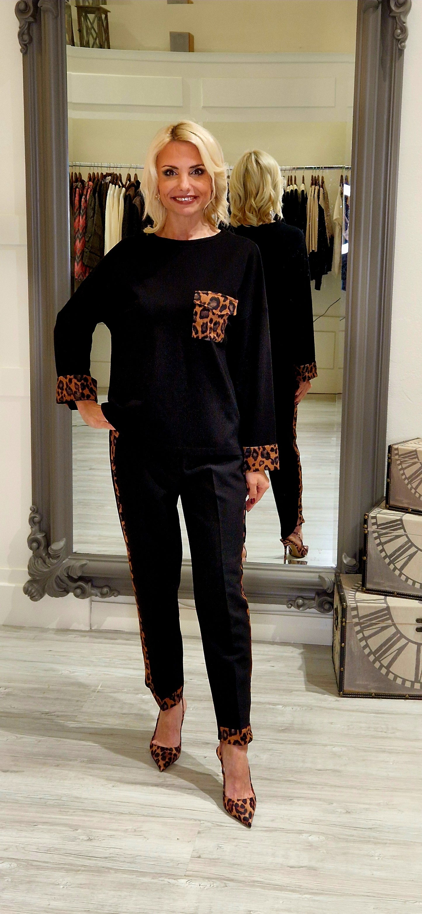 Black Leopard Seam Trousers