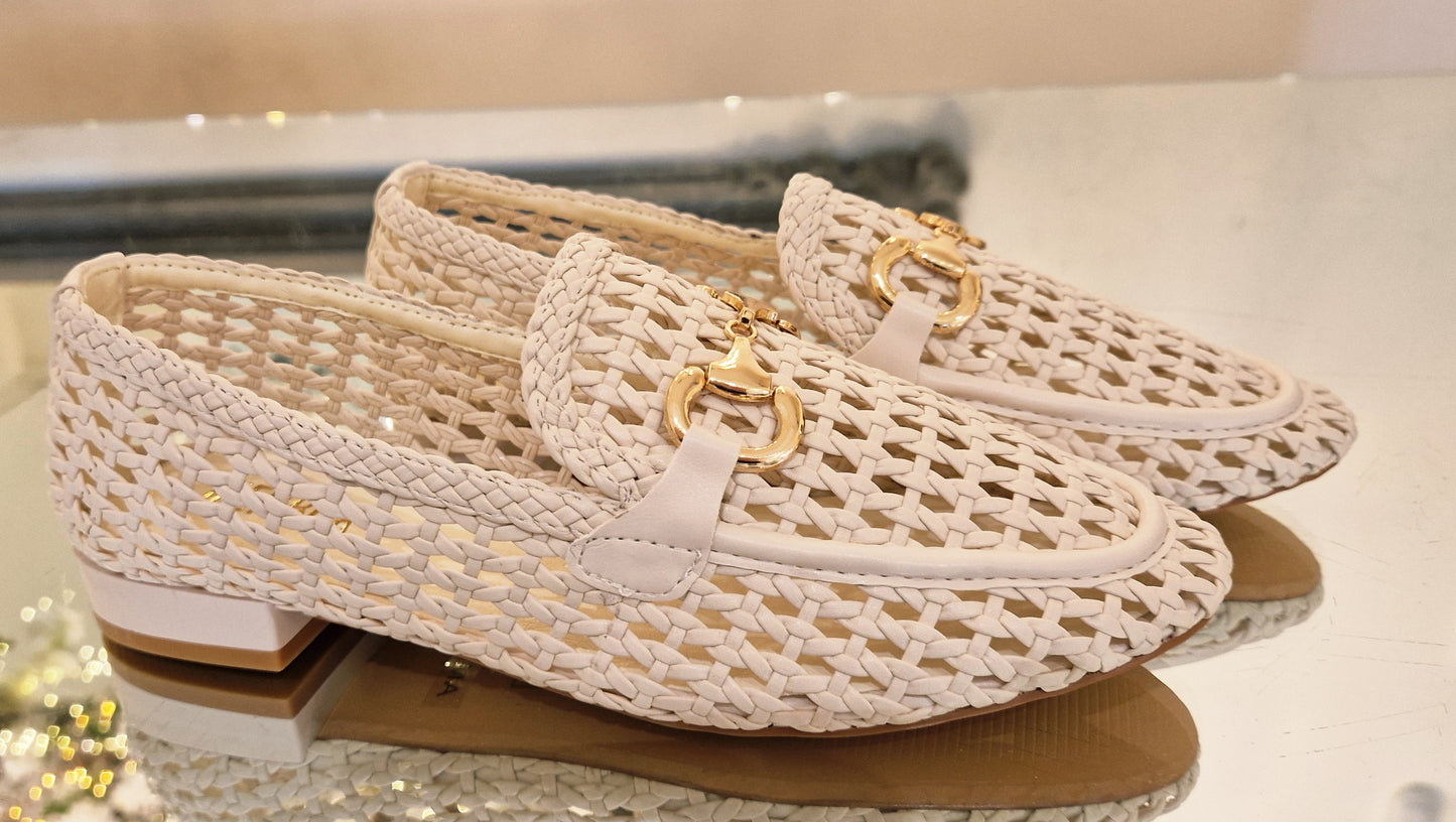 Cream Straw Flat Shoes