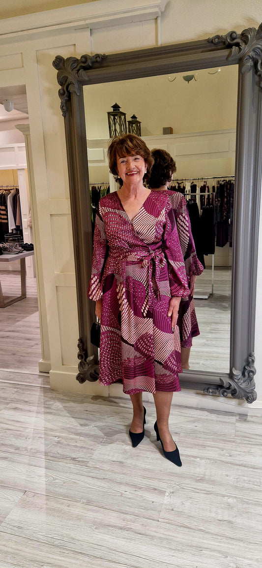 Magenta And Cream Pattern Dress