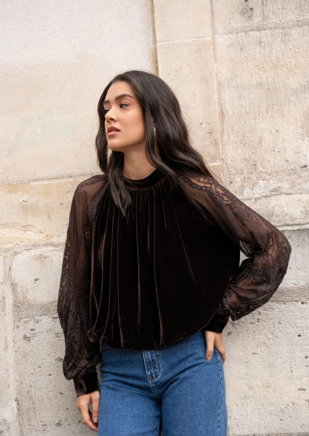 Black Velvet Lace Sleeve Top