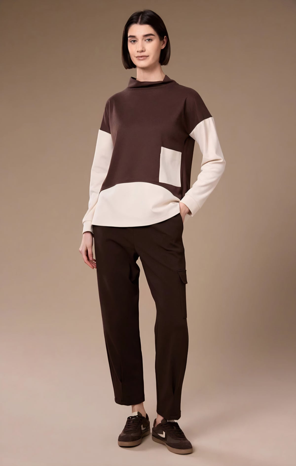 Brown And Ecru Colour Block Top