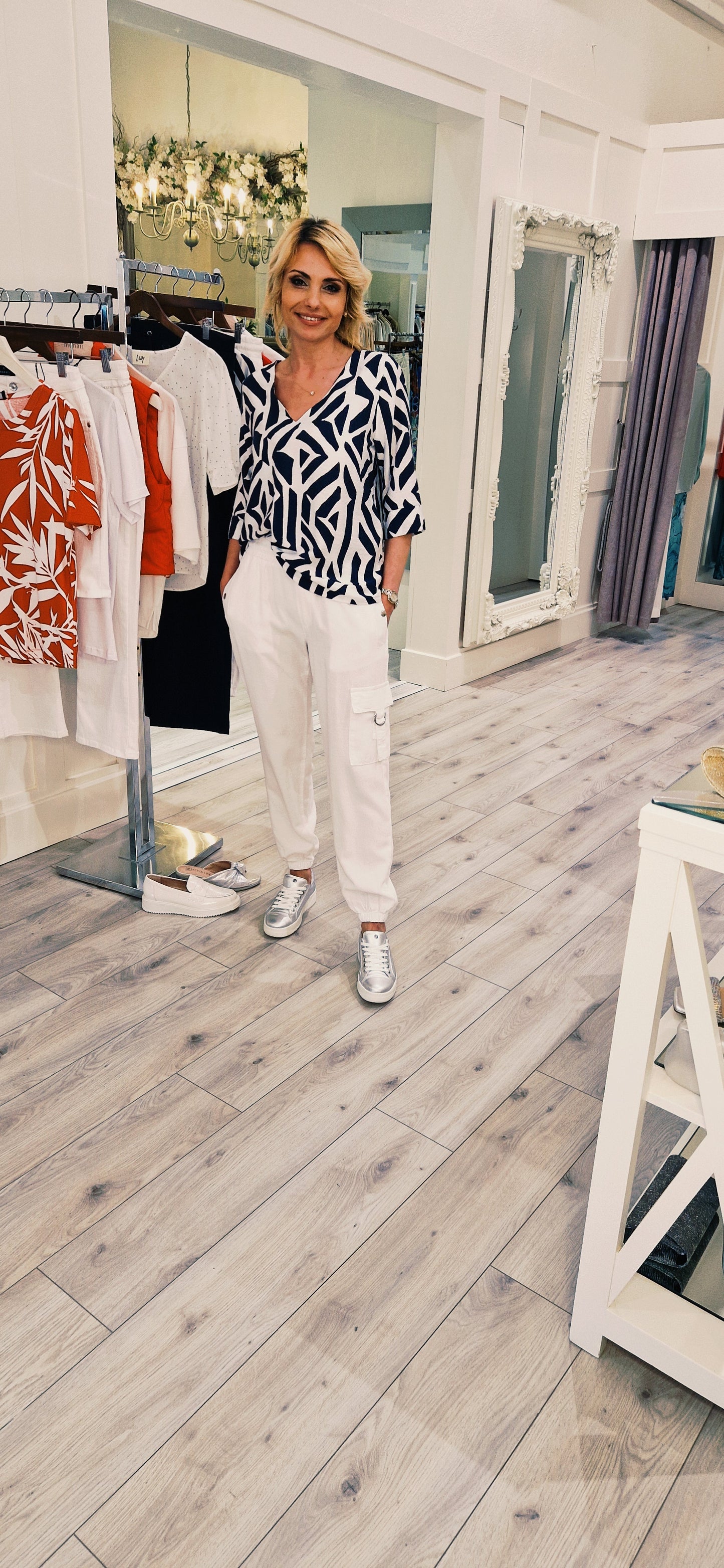 White And Navy Top