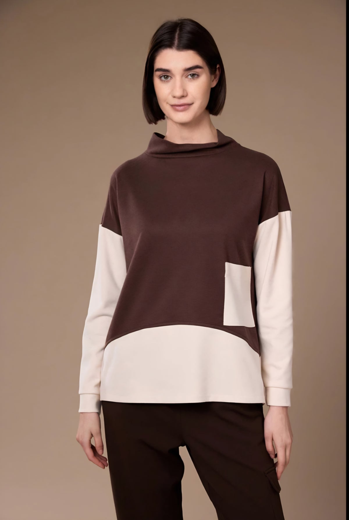 Brown And Ecru Colour Block Top