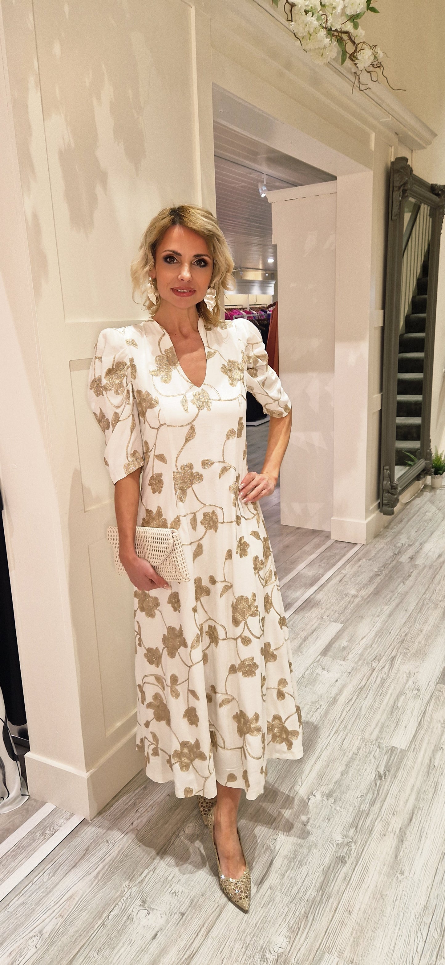Cream And Gold Flower Dress