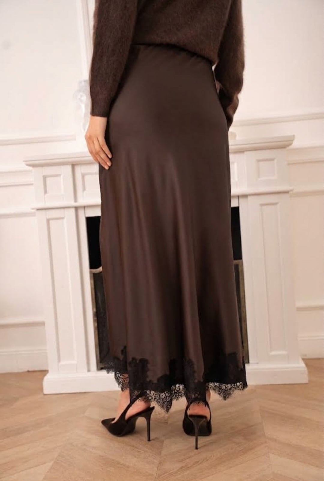 Brown Silk Skirt With Black Lace Detail