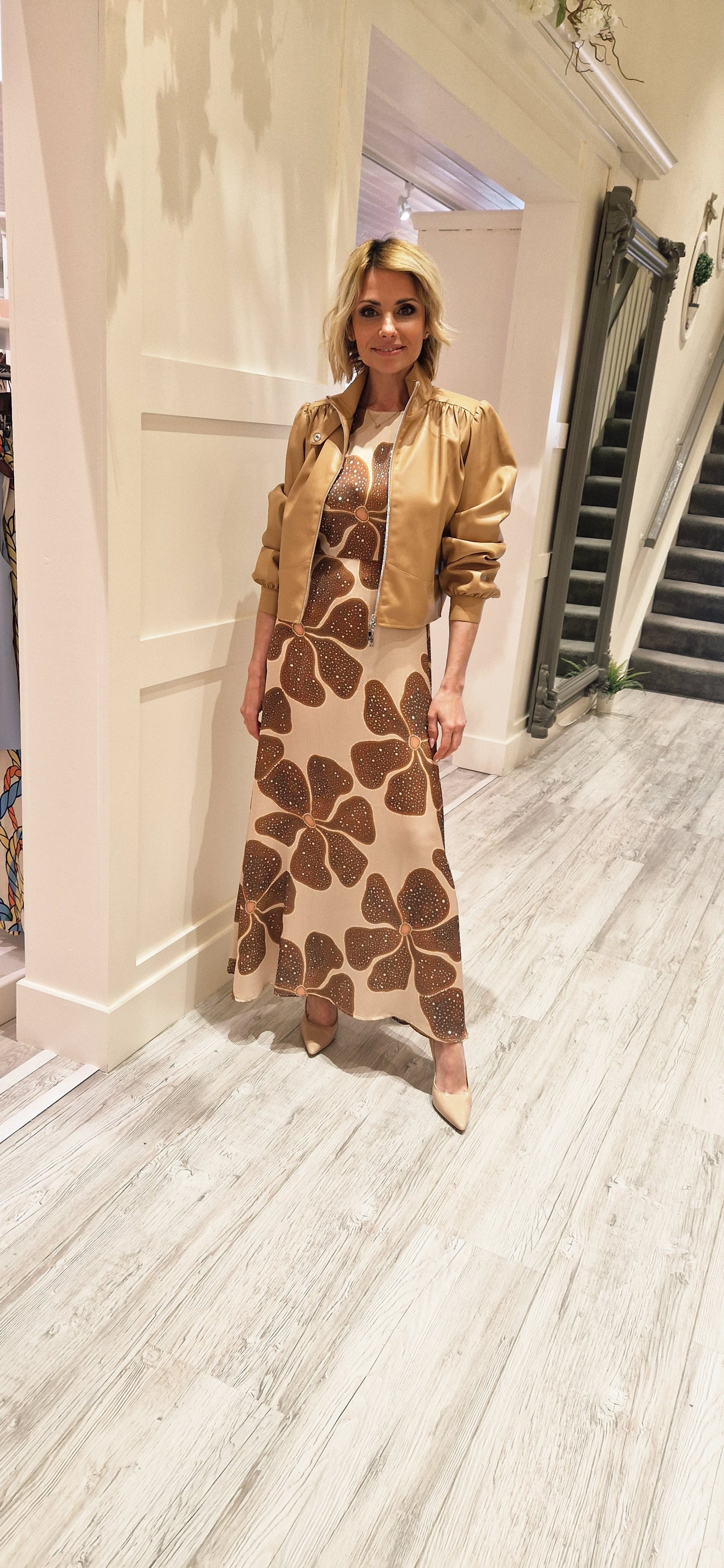 Cream And Brown Floral Dress
