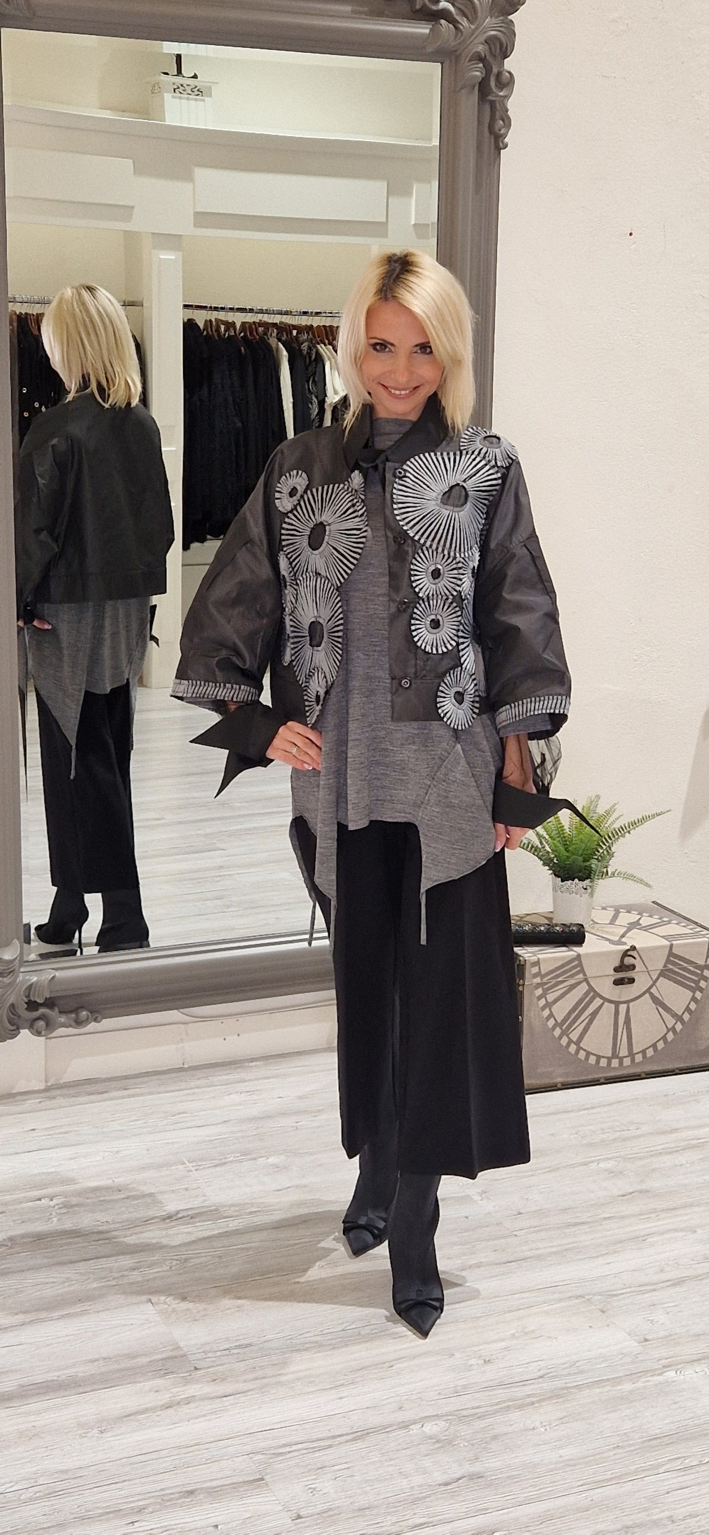 Black And Grey Taffata Crop Jacket